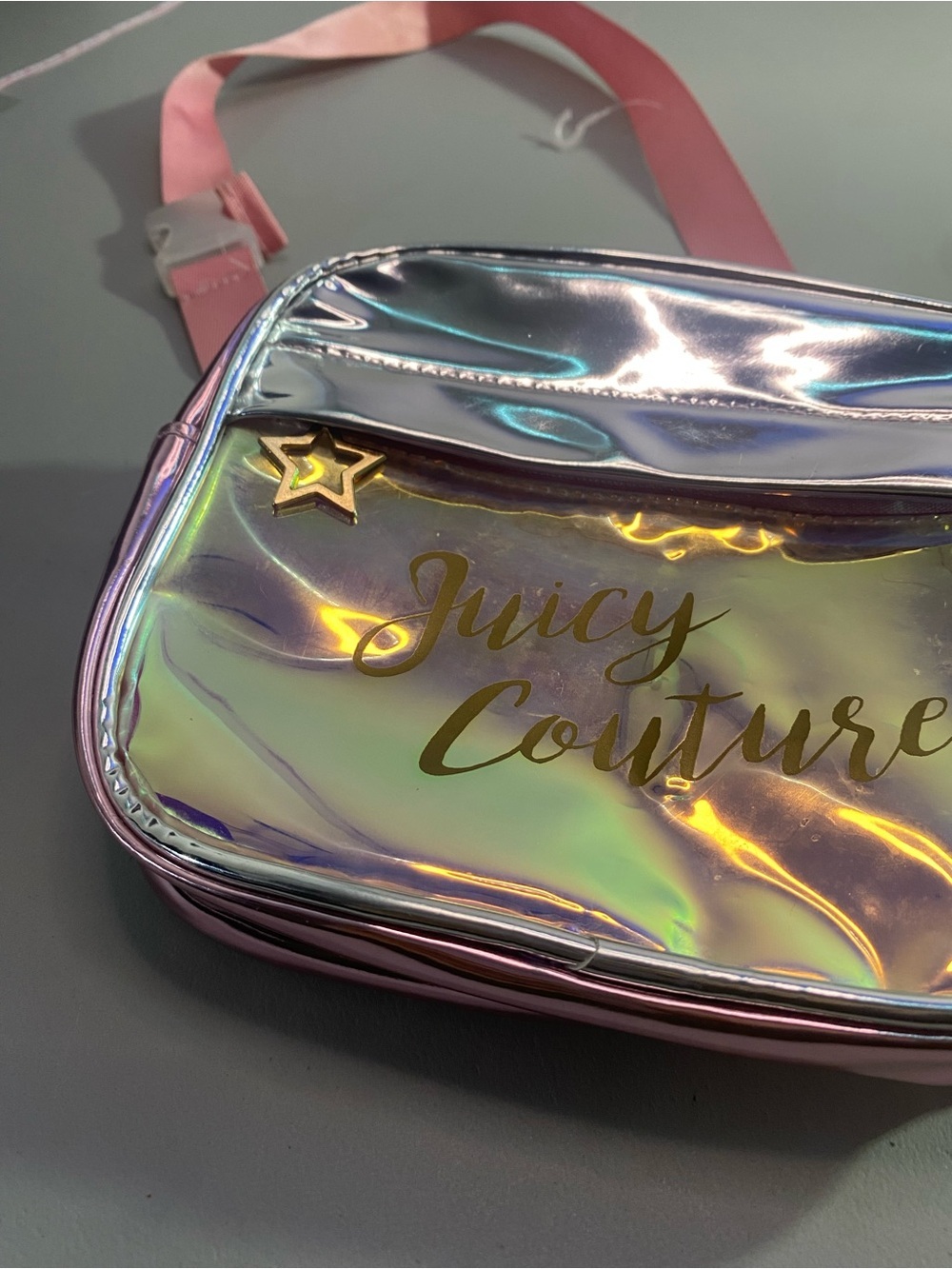 Juicy Couture Holographic Iridescent Crossbody with Pink Strap